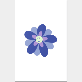 Bright and Cheerful Flower Smiley Face - blue Posters and Art